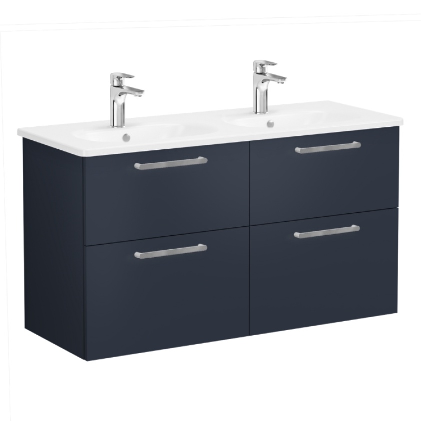 Product Cut out image of VitrA Root Flat Dark Blue Double Washbasin Drawers Unit 67998 with chrome handles